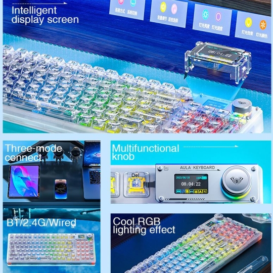 Bàn Phím Cơ Không Dây WIND F98 PRO, LED RGB, 3 Modes, Có Màn Hình Phụ, Núm Xoay, Hotswap 5 chân, Keycap Trong Suốt.